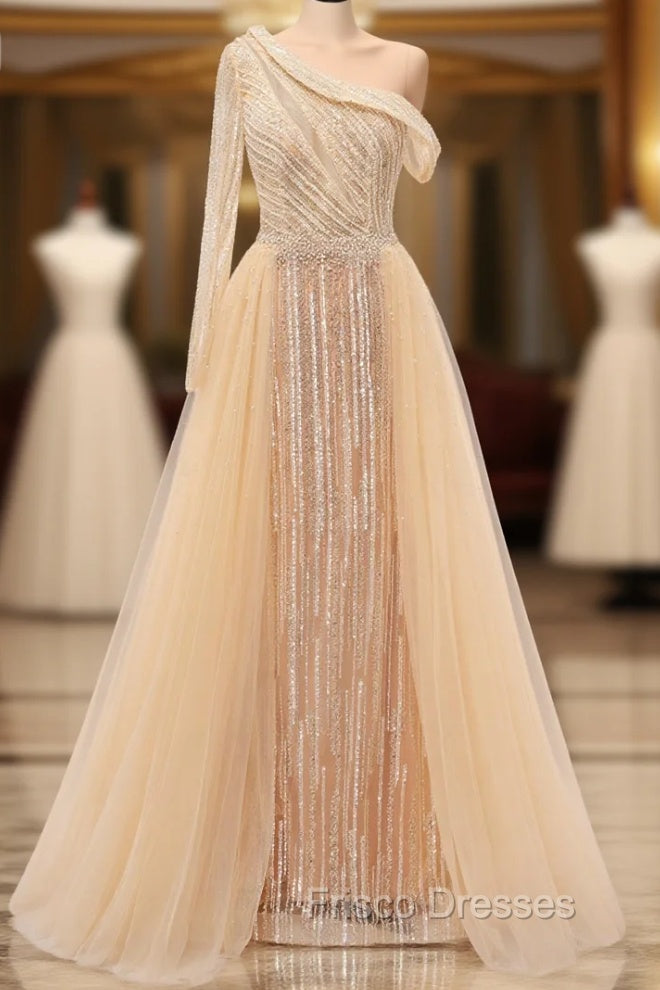 Elegant One Shoulder Beige Formal Prom Dress Sheer Beading Lace Formal Dress Main image