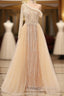 Elegant One Shoulder Beige Formal Prom Dress Sheer Beading Lace Formal Dress