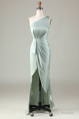 Elegant One Shoulder Matcha Ruched Long Bridesmaid Dress