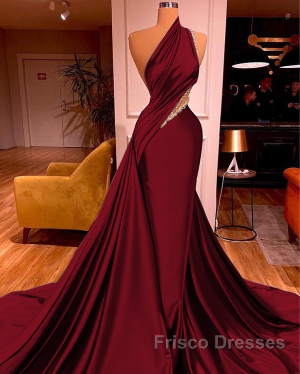 Elegant One Shoulder Mermaid Formal Prom Dress Long Pleated with Beads