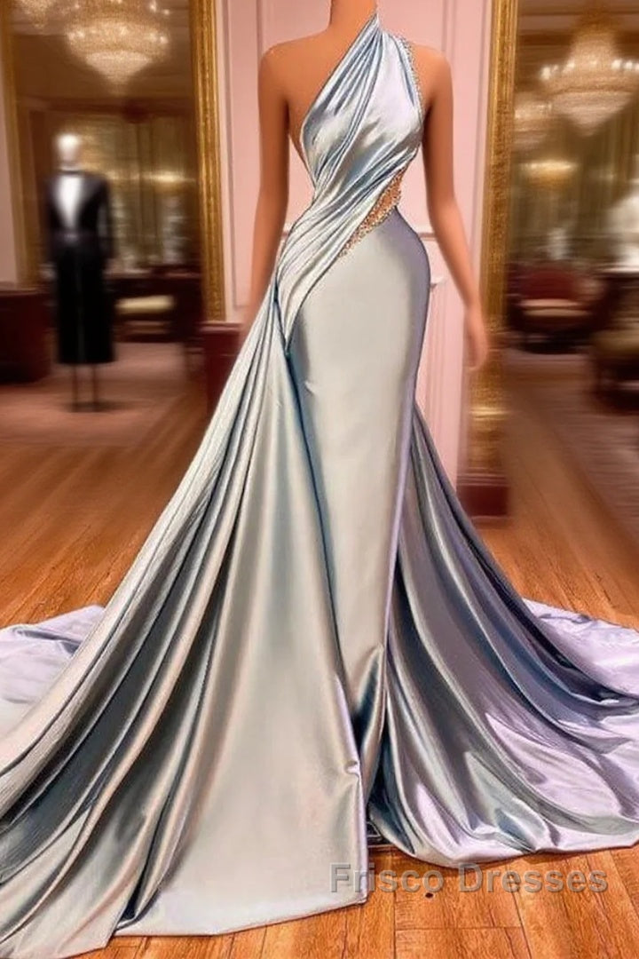 Elegant One Shoulder Mermaid Formal Prom Dress Long Pleated with Beads Main image