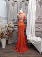 Elegant Orange Mermaid Spaghetti Strap Beaded Chiffon Long Prom Dress Evening Dress
