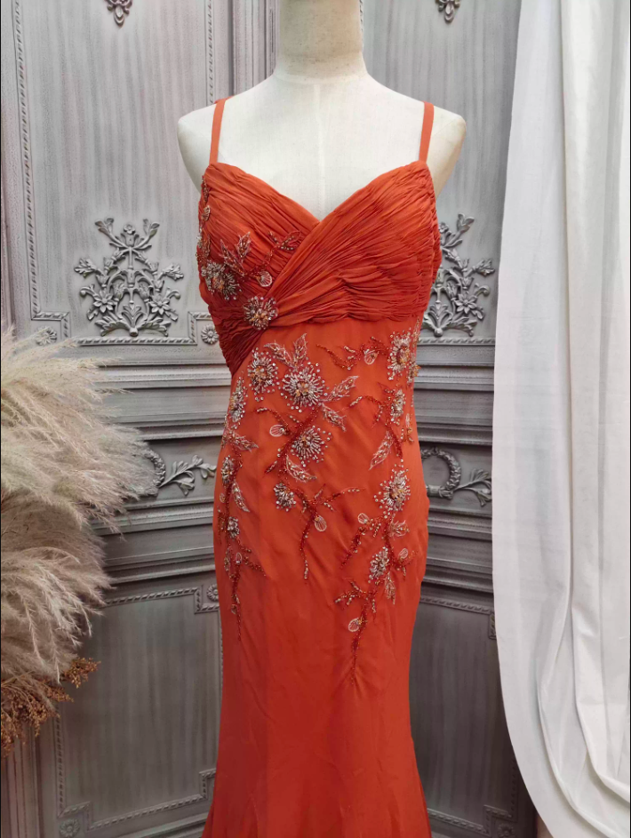 Elegant Orange Mermaid Spaghetti Strap Beaded Chiffon Long Prom Dress Evening Dress