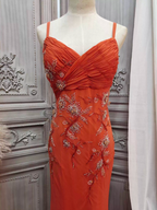 Elegant Orange Mermaid Spaghetti Strap Beaded Chiffon Long Prom Dress Evening Dress