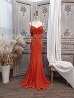 Elegant Orange Mermaid Spaghetti Strap Beaded Chiffon Long Prom Dress Evening Dress