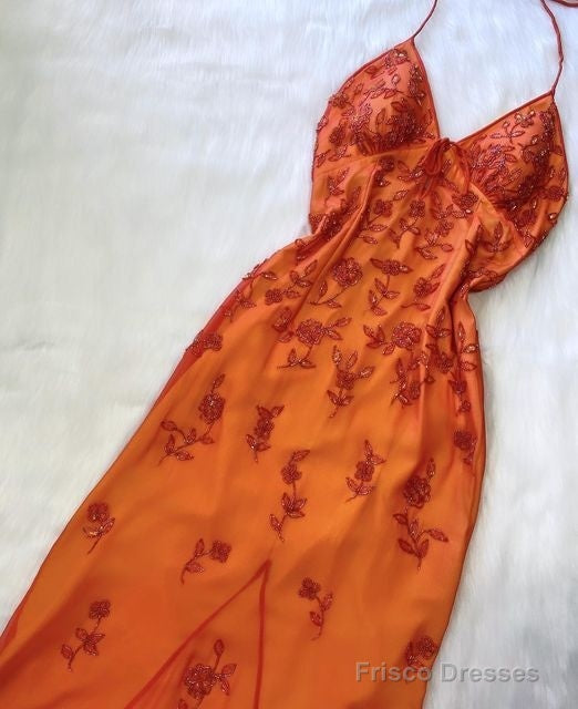 Elegant Orange Spaghetti Straps Beaded Prom Dress Party Dress