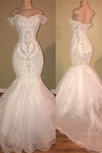 Elegant Organza Off-The-Shoulder Mermaid Wedding Dress Sequins Long Lace