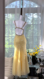 Elegant Pale Yellow Mermaid Strapless Backless Beaded Chiffon Long Prom Dress Evening Dress