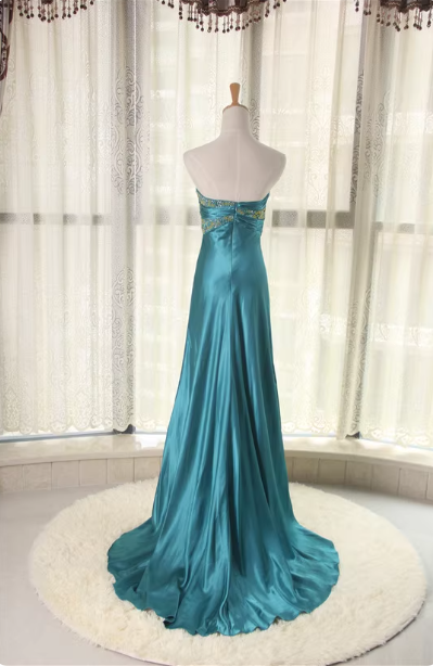 Elegant Peacock Blue Sweetheart Neck Embroidered Satin High-Low Hem Prom Dress Evening Dress