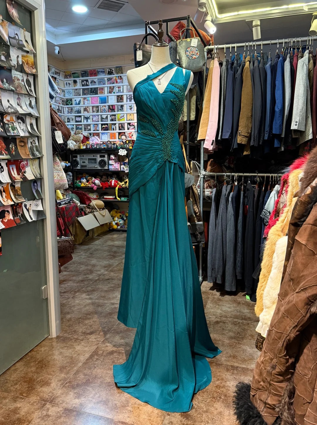 Elegant Peacock Green One-Shoulder Pearl Ribbon Satin Long Prom Dress Evening Gown Secondary image