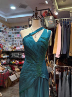 Elegant Peacock Green One-Shoulder Pearl Ribbon Satin Long Prom Dress Evening Gown