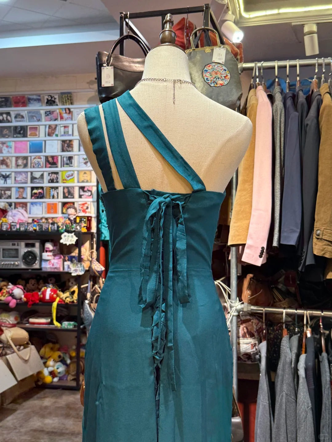 Elegant Peacock Green One-Shoulder Pearl Ribbon Satin Long Prom Dress Evening Gown