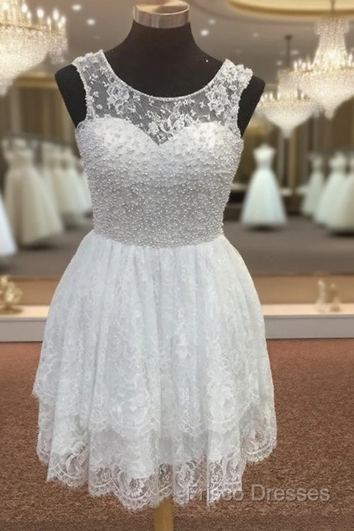 Elegant Pearl Beading White Lace Homecoming Dress Main image
