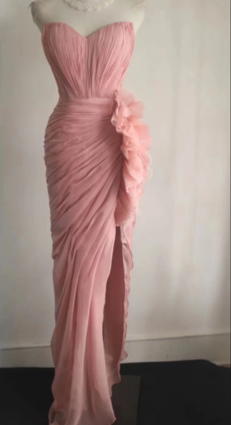 Elegant Pink 3D Floral Strapless High-Slit Chiffon Prom Dress Evening Dress Main image