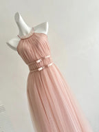 Elegant Pink A-Line Halter Neck Waist Tulle Long Prom Dress Evening Dress Bridesmaid Dress