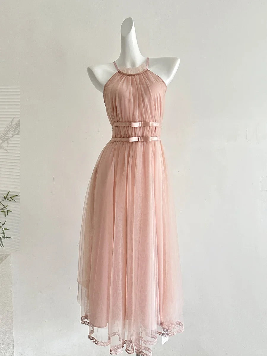 Elegant Pink A-Line Halter Neck Waist Tulle Long Prom Dress Evening Dress Bridesmaid Dress