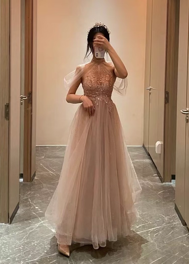 Elegant Pink A-Line Halter Tulle Long Prom Dress Evening Dress