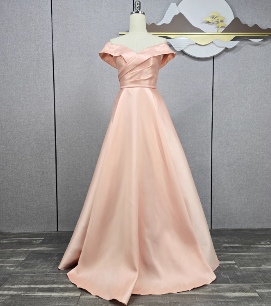 Elegant Pink A-Line Off-The-Shoulder Satin Long Prom Dress Evening Dress Bridesmaid Dress Main image