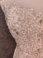 Elegant Pink A-Line Sleeveless Crew Neck Lace Rhinestone Brocade Satin Long Prom Dress Evening Dress