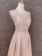 Elegant Pink A-Line Sleeveless Crew Neck Lace Rhinestone Brocade Satin Long Prom Dress Evening Dress