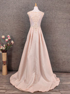 Elegant Pink A-Line Sleeveless Crew Neck Lace Rhinestone Brocade Satin Long Prom Dress Evening Dress