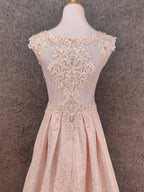Elegant Pink A-Line Sleeveless Crew Neck Lace Rhinestone Brocade Satin Long Prom Dress Evening Dress