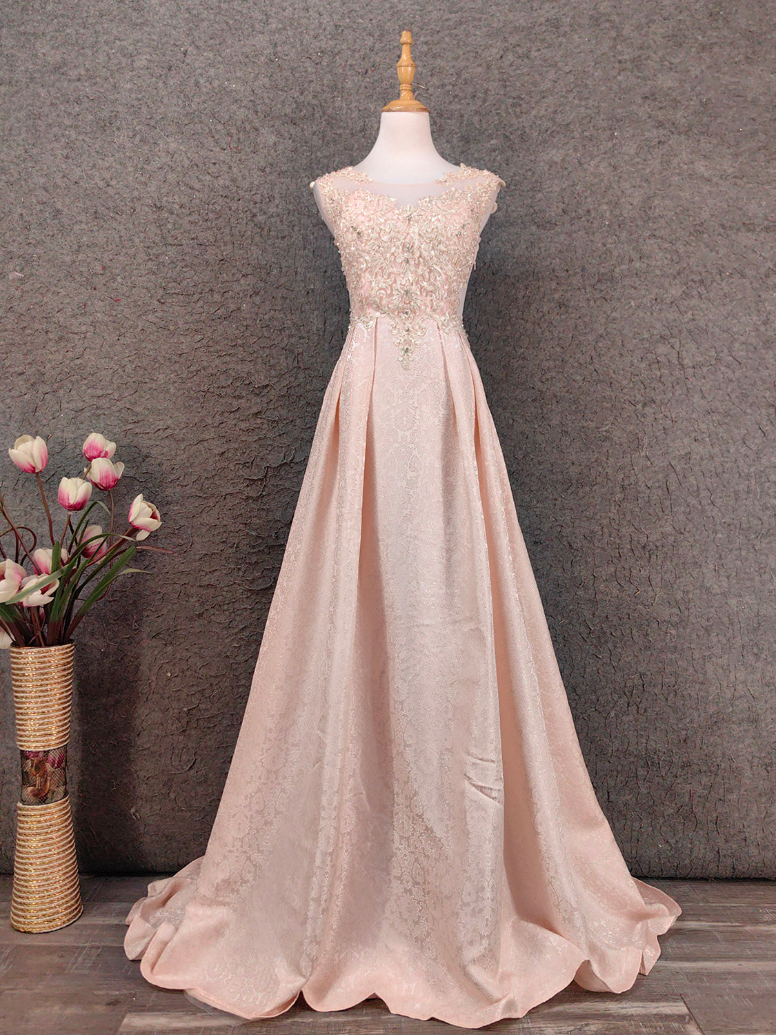 Elegant Pink A-Line Sleeveless Crew Neck Lace Rhinestone Brocade Satin Long Prom Dress Evening Dress Main image