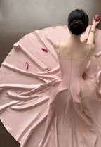Elegant Pink A-Line Square Neck Strap Satin Long Prom Dress Evening Dress