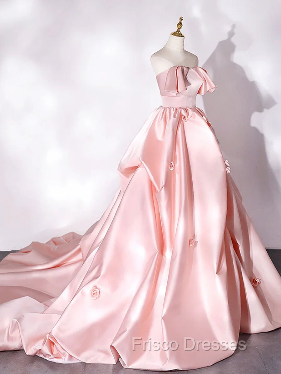 Elegant Pink A Line Strapless Appliques Satin Evening Dress Formal Prom Dress Secondary image