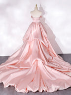 Elegant Pink A Line Strapless Appliques Satin Evening Dress Formal Prom Dress