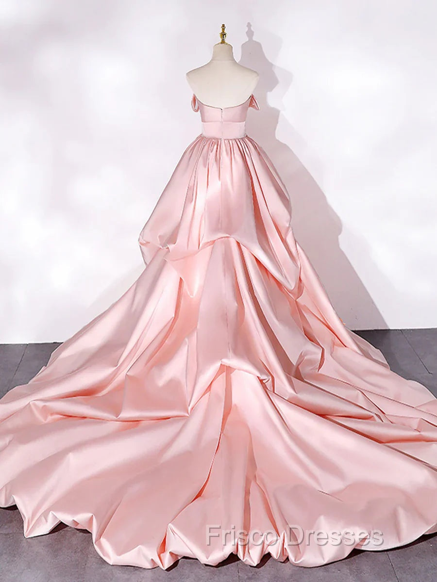Elegant Pink A Line Strapless Appliques Satin Evening Dress Formal Prom Dress