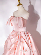 Elegant Pink A Line Strapless Appliques Satin Evening Dress Formal Prom Dress