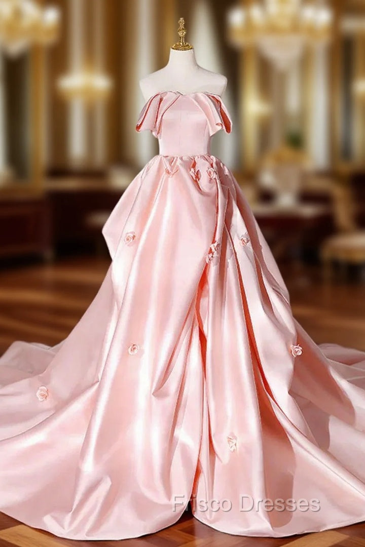 Elegant Pink A Line Strapless Appliques Satin Evening Dress Formal Prom Dress Main image
