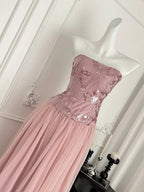 Elegant Pink A-Line Tube Top Sequined Tulle Long Prom Dress Evening Dress Bridesmaid Dress