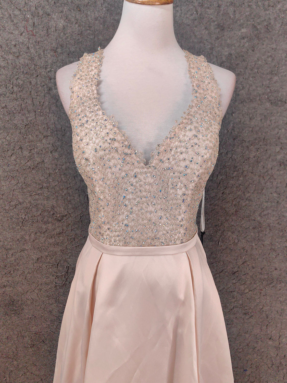 Elegant Pink Halter Neck V-Neck Rhinestone Lace Satin Long Prom Dress Evening Dress