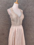 Elegant Pink Halter Neck V-Neck Rhinestone Lace Satin Long Prom Dress Evening Dress
