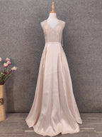 Elegant Pink Halter Neck V-Neck Rhinestone Lace Satin Long Prom Dress Evening Dress