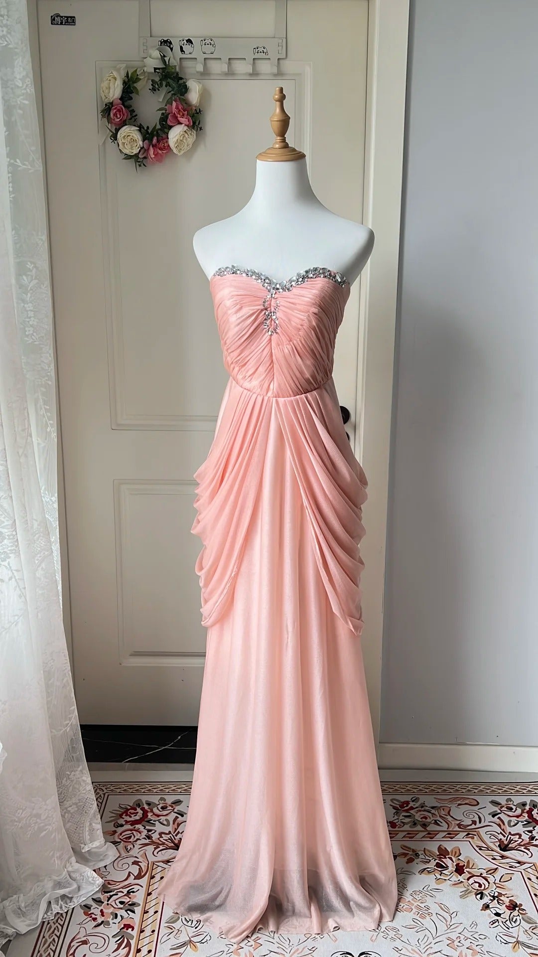 Elegant Pink Heart Neckline Rhinestone Chiffon Long Prom Dress Evening Dress Secondary image