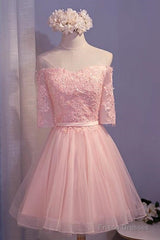 Elegant Pink Lace Appliques Off The Shoulder Tulle Bridesmaid Dresses Short