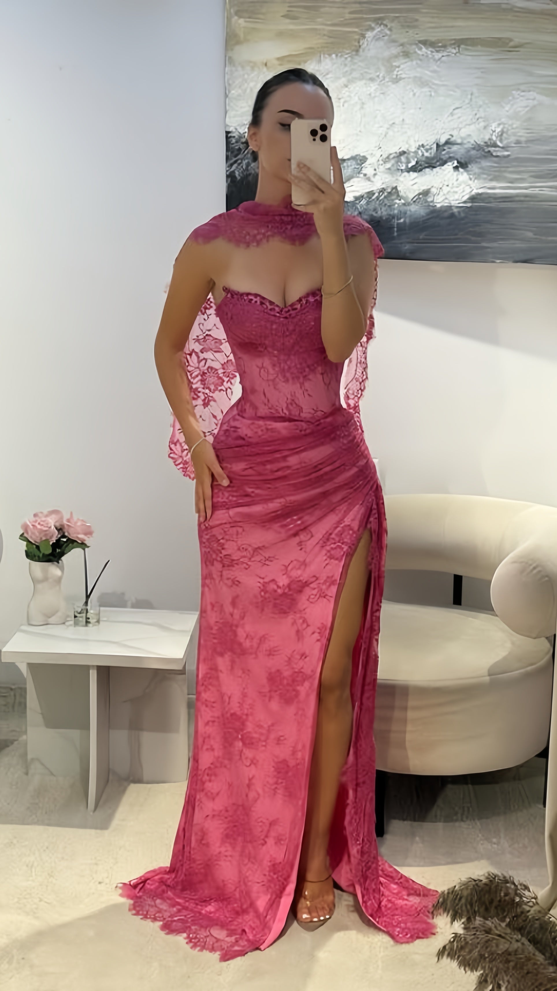 Elegant Pink Lace Mermaid Prom Dresses Long Evening Party Dress With Slit, Secondary image
