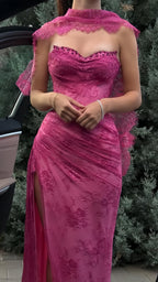 Elegant Pink Lace Mermaid Prom Dresses Long Evening Party Dress With Slit,