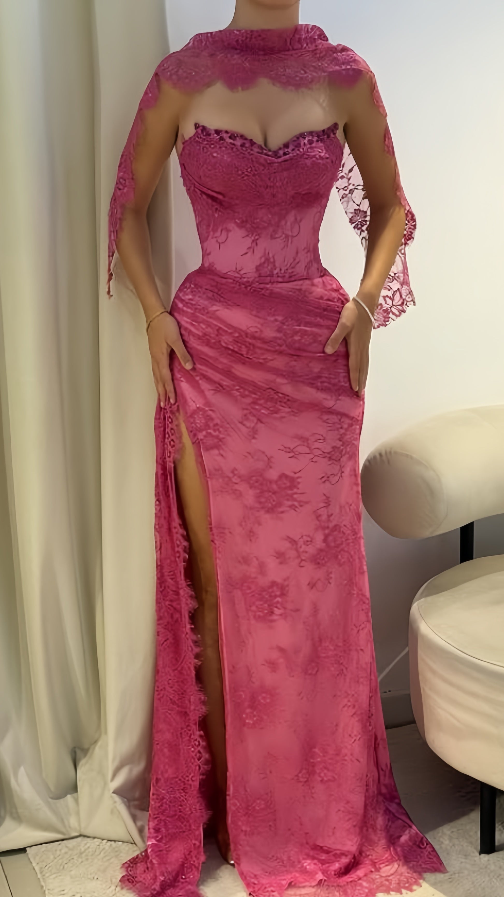 Elegant Pink Lace Mermaid Prom Dresses Long Evening Party Dress With Slit, Main image
