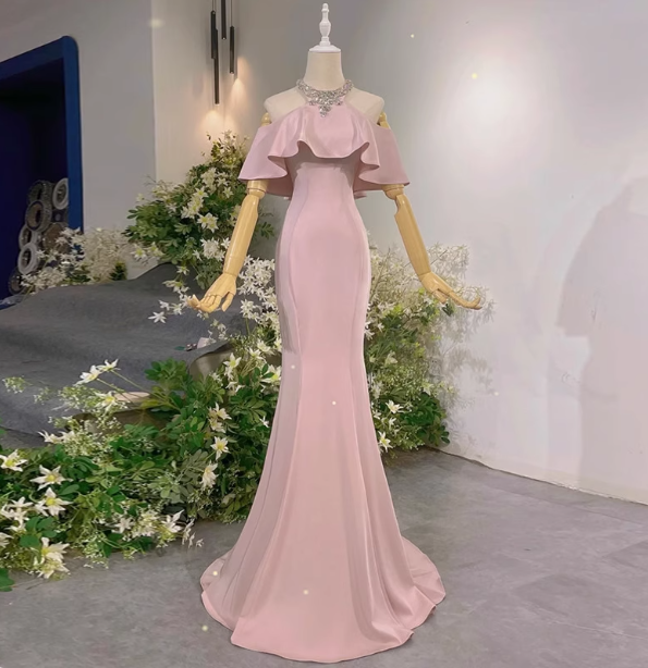 Elegant Pink Mermaid Halter Neck Ruffled Satin Train Prom Dress Evening Dress Main image