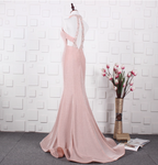 Elegant Pink Mermaid Halter V-Neck Satin Train Prom Dress Evening Dress