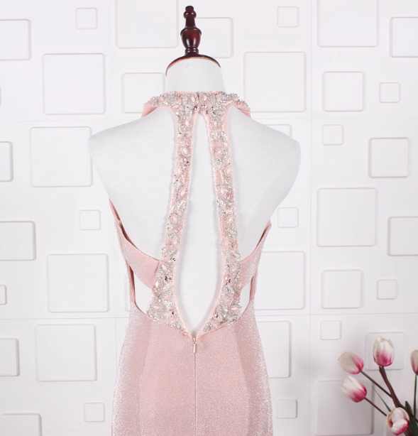 Elegant Pink Mermaid Halter V-Neck Satin Train Prom Dress Evening Dress