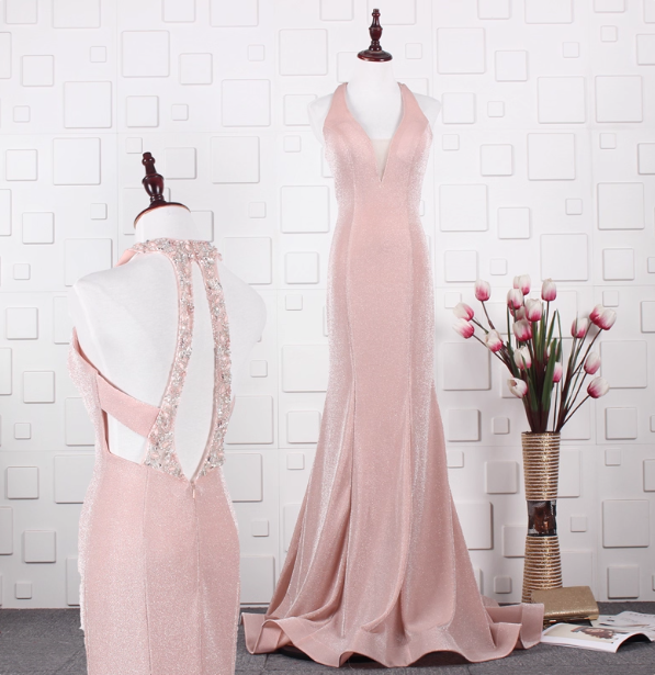 Elegant Pink Mermaid Halter V-Neck Satin Train Prom Dress Evening Dress Main image