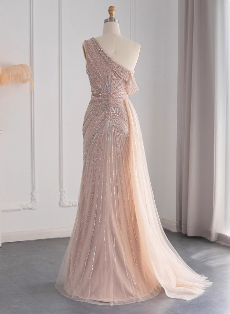 Elegant Pink Mermaid One-Shoulder Beaded Tulle Slit Train Prom Dress Evening Dress