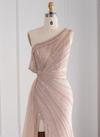Elegant Pink Mermaid One-Shoulder Beaded Tulle Slit Train Prom Dress Evening Dress