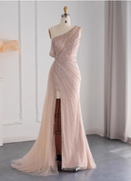 Elegant Pink Mermaid One-Shoulder Beaded Tulle Slit Train Prom Dress Evening Dress