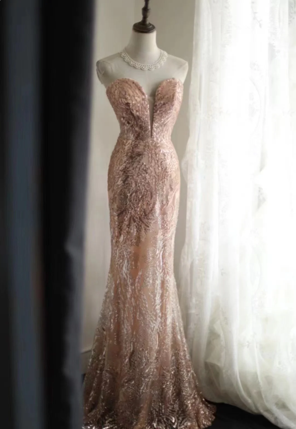 Elegant Pink Mermaid Sequined Prom Dress Evening Dress